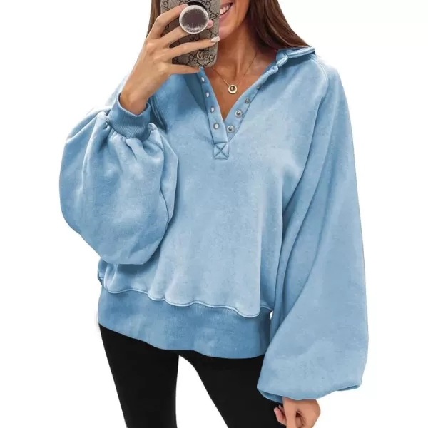 Dokotoo Womens 2023 Fashion Oversized Loose Lantern Sleeve Button Collar Pullover Sweatshirts Tops