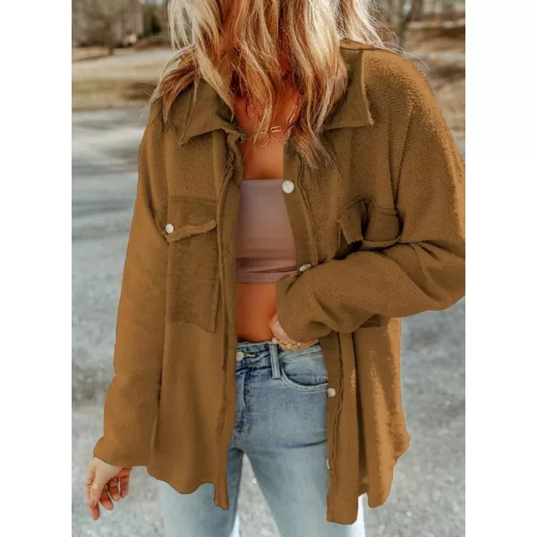 Dokotoo Womens 2023 Lapel Long Sleeve Raw Edge Shacket Jacket Button Down Fall Shirt Coat with Pockets