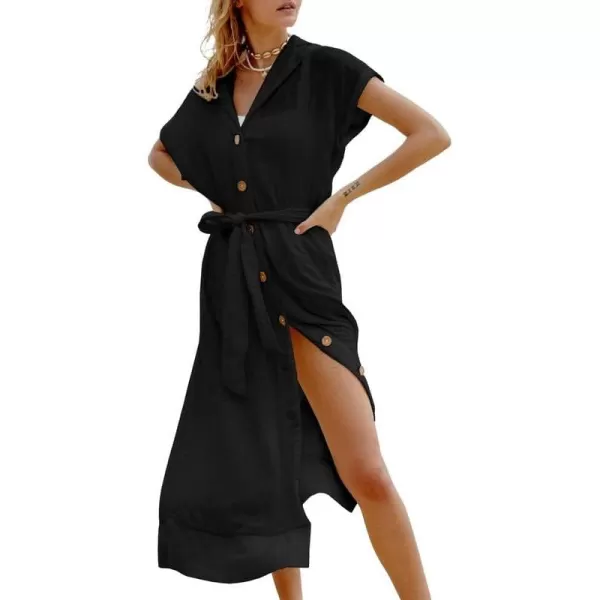 Dokotoo Womens 2023 Summer Beach Dresses Short Sleeve Button-Down Belted Coverups Kimono Cardigan