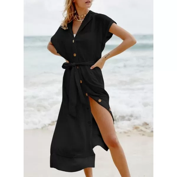 Dokotoo Womens 2023 Summer Beach Dresses Short Sleeve Button-Down Belted Coverups Kimono Cardigan