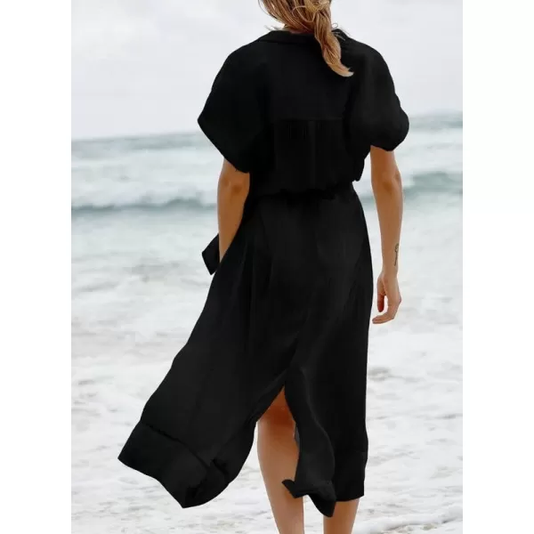 Dokotoo Womens 2023 Summer Beach Dresses Short Sleeve Button-Down Belted Coverups Kimono Cardigan