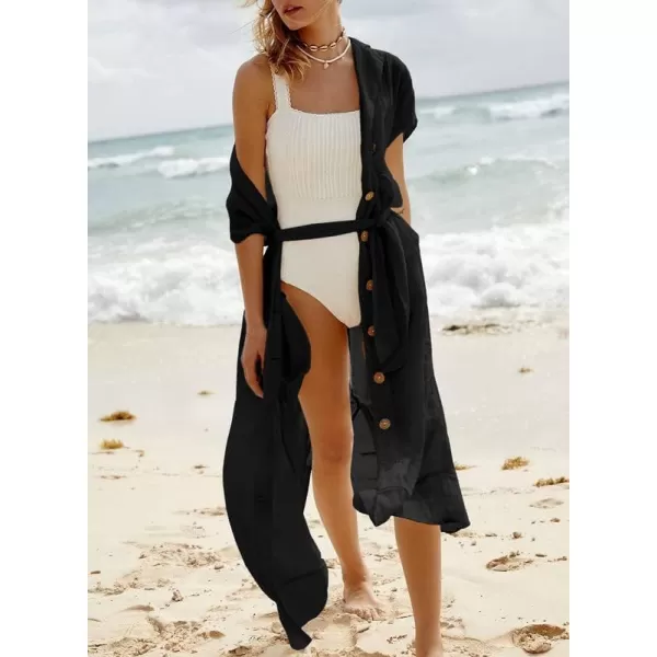 Dokotoo Womens 2023 Summer Beach Dresses Short Sleeve Button-Down Belted Coverups Kimono Cardigan