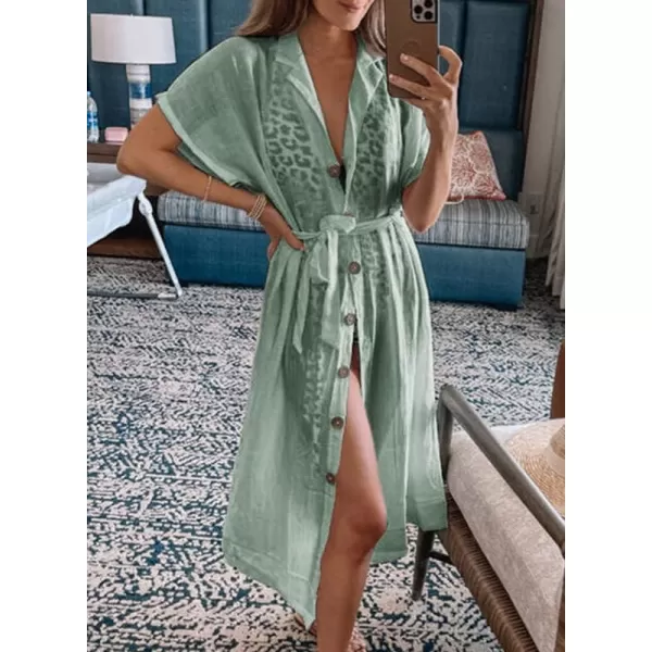 Dokotoo Womens 2023 Summer Beach Dresses Short Sleeve Button-Down Belted Coverups Kimono Cardigan