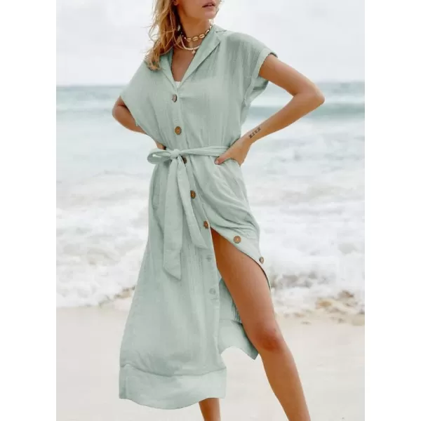 Dokotoo Womens 2023 Summer Beach Dresses Short Sleeve Button-Down Belted Coverups Kimono Cardigan
