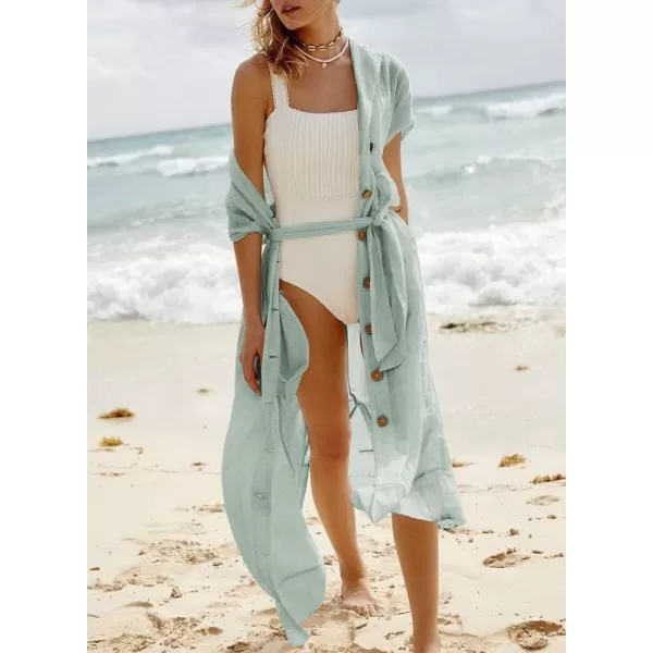 Dokotoo Womens 2023 Summer Beach Dresses Short Sleeve Button-Down Belted Coverups Kimono Cardigan