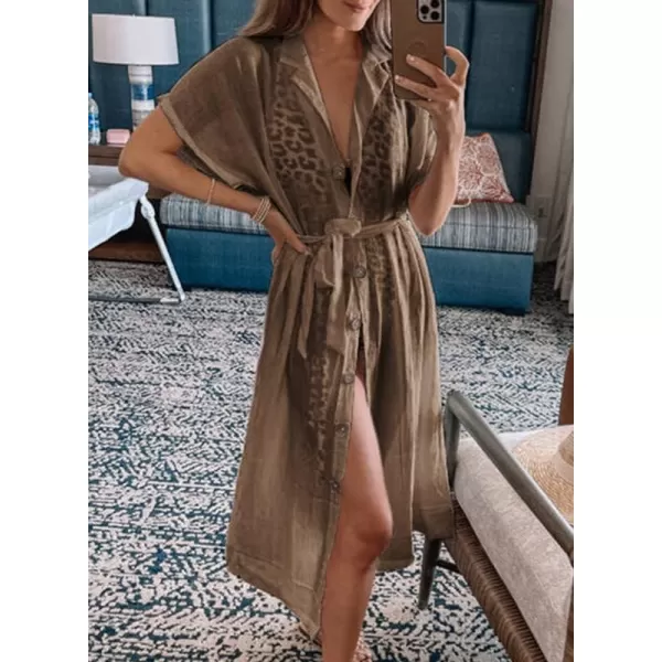 Dokotoo Womens 2023 Summer Beach Dresses Short Sleeve Button-Down Belted Coverups Kimono Cardigan