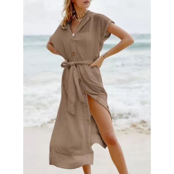 Dokotoo Womens 2023 Summer Beach Dresses Short Sleeve Button-Down Belted Coverups Kimono Cardigan