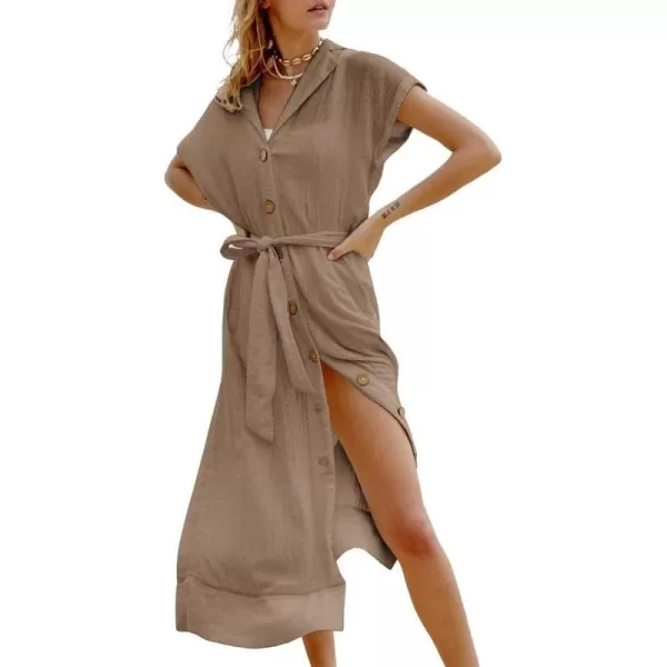 Dokotoo Womens 2023 Summer Beach Dresses Short Sleeve Button-Down Belted Coverups Kimono Cardigan