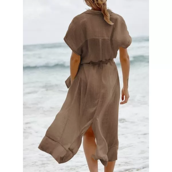 Dokotoo Womens 2023 Summer Beach Dresses Short Sleeve Button-Down Belted Coverups Kimono Cardigan