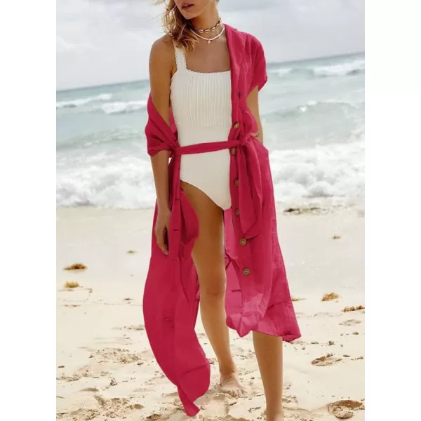 Dokotoo Womens 2023 Summer Beach Dresses Short Sleeve Button-Down Belted Coverups Kimono Cardigan