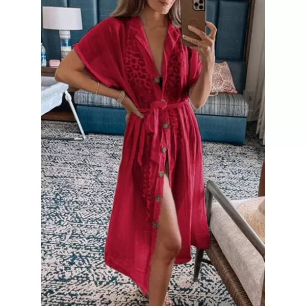 Dokotoo Womens 2023 Summer Beach Dresses Short Sleeve Button-Down Belted Coverups Kimono Cardigan