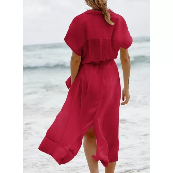 Dokotoo Womens 2023 Summer Beach Dresses Short Sleeve Button-Down Belted Coverups Kimono Cardigan