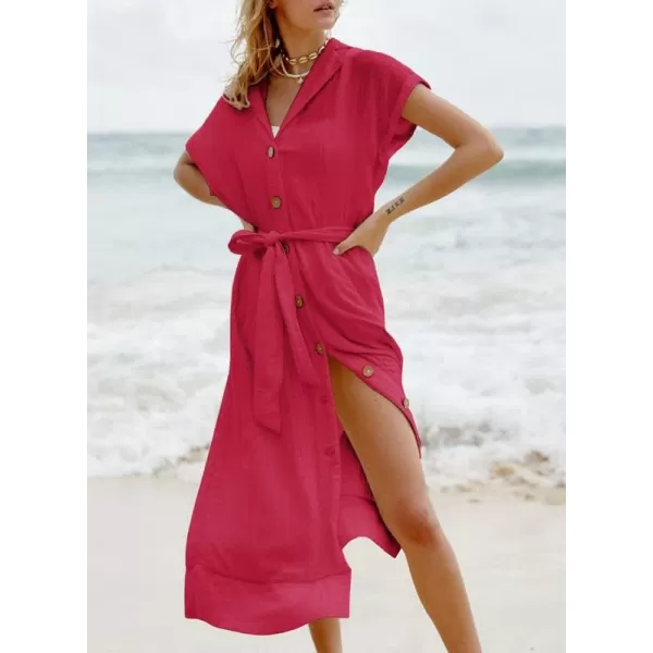 Dokotoo Womens 2023 Summer Beach Dresses Short Sleeve Button-Down Belted Coverups Kimono Cardigan