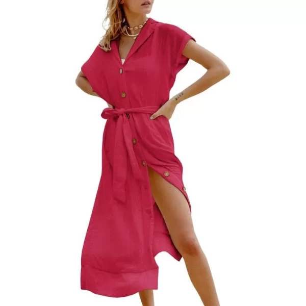 Dokotoo Womens 2023 Summer Beach Dresses Short Sleeve Button-Down Belted Coverups Kimono Cardigan
