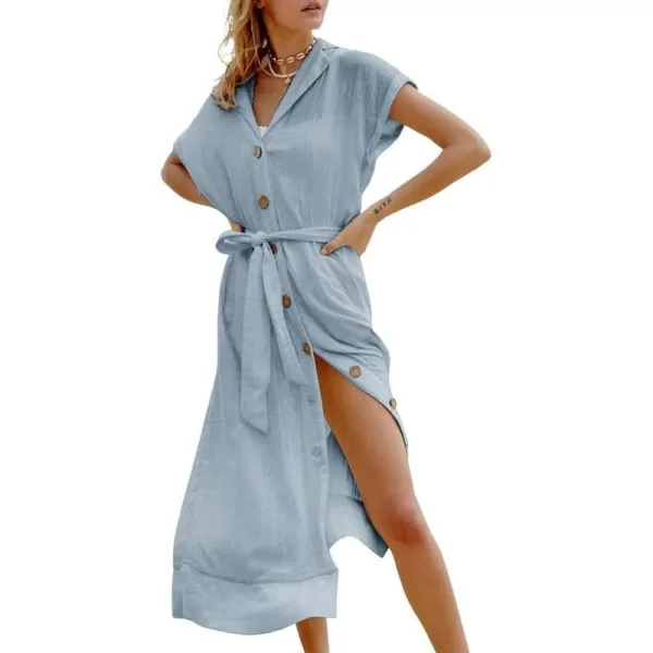Dokotoo Womens 2023 Summer Beach Dresses Short Sleeve Button-Down Belted Coverups Kimono Cardigan