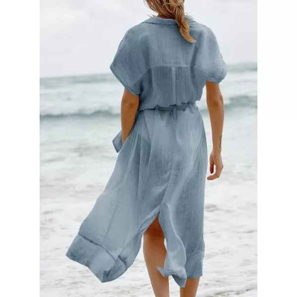 Dokotoo Womens 2023 Summer Beach Dresses Short Sleeve Button-Down Belted Coverups Kimono Cardigan