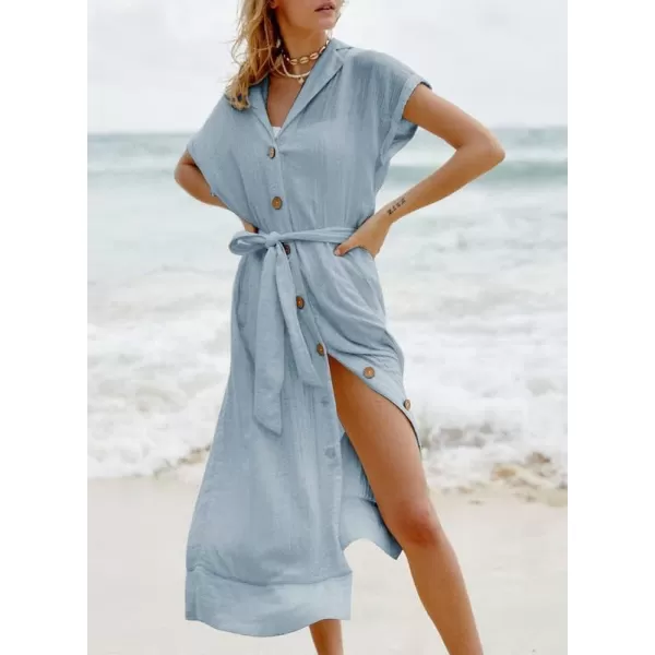 Dokotoo Womens 2023 Summer Beach Dresses Short Sleeve Button-Down Belted Coverups Kimono Cardigan