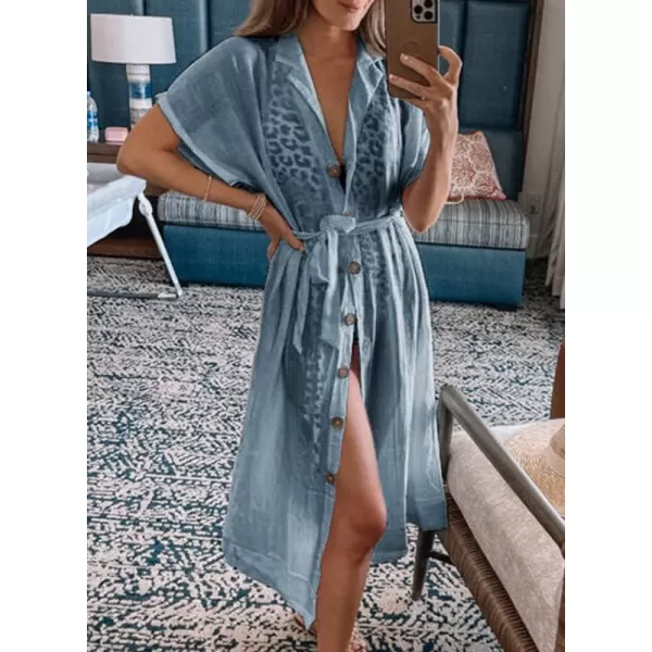 Dokotoo Womens 2023 Summer Beach Dresses Short Sleeve Button-Down Belted Coverups Kimono Cardigan