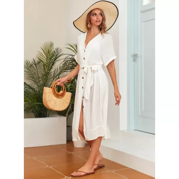 Dokotoo Womens 2023 Summer Beach Dresses Short Sleeve Button-Down Belted Coverups Kimono Cardigan