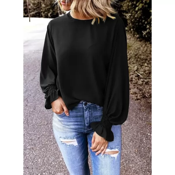 Dokotoo Womens 2023 Summer Long Sleeve Ruffle Bubble Sleeve Casual Loose Shirts Tops and Blouses