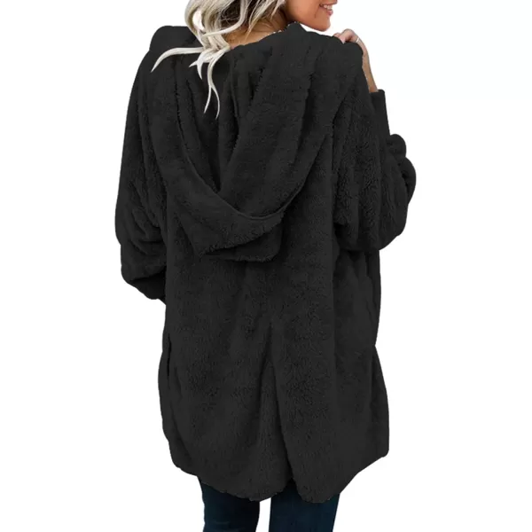 Dokotoo Womens 2023 Winter Long Sleeve Solid Fuzzy Fleece Open Front Hooded Cardigans Jacket Coats Outerwear with Pocket