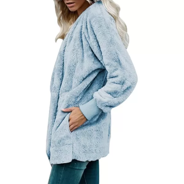 Dokotoo Womens 2023 Winter Long Sleeve Solid Fuzzy Fleece Open Front Hooded Cardigans Jacket Coats Outerwear with Pocket