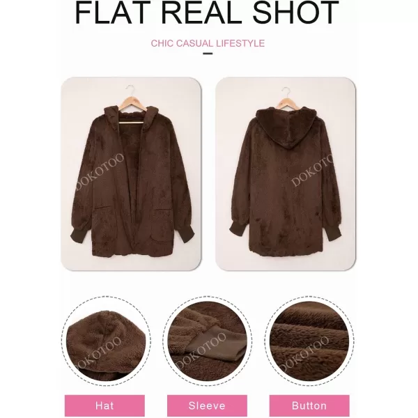 Dokotoo Womens 2023 Winter Long Sleeve Solid Fuzzy Fleece Open Front Hooded Cardigans Jacket Coats Outerwear with Pocket