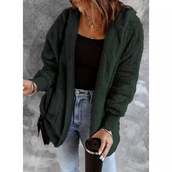 Dokotoo Womens 2023 Winter Long Sleeve Solid Fuzzy Fleece Open Front Hooded Cardigans Jacket Coats Outerwear with Pocket