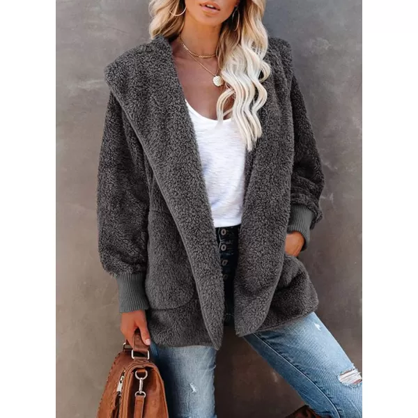 Dokotoo Womens 2023 Winter Long Sleeve Solid Fuzzy Fleece Open Front Hooded Cardigans Jacket Coats Outerwear with Pocket