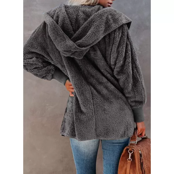 Dokotoo Womens 2023 Winter Long Sleeve Solid Fuzzy Fleece Open Front Hooded Cardigans Jacket Coats Outerwear with Pocket