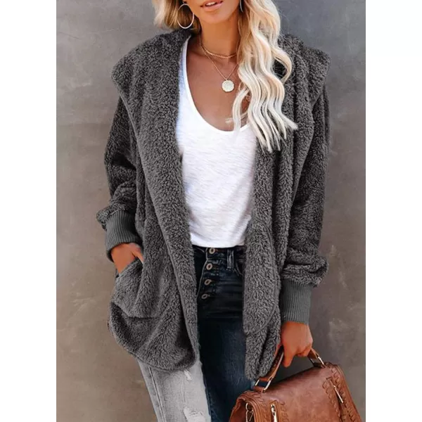 Dokotoo Womens 2023 Winter Long Sleeve Solid Fuzzy Fleece Open Front Hooded Cardigans Jacket Coats Outerwear with Pocket
