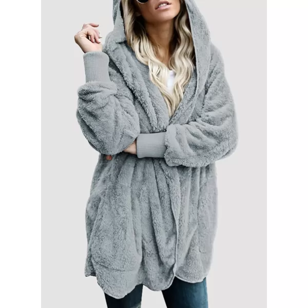 Dokotoo Womens 2023 Winter Long Sleeve Solid Fuzzy Fleece Open Front Hooded Cardigans Jacket Coats Outerwear with Pocket