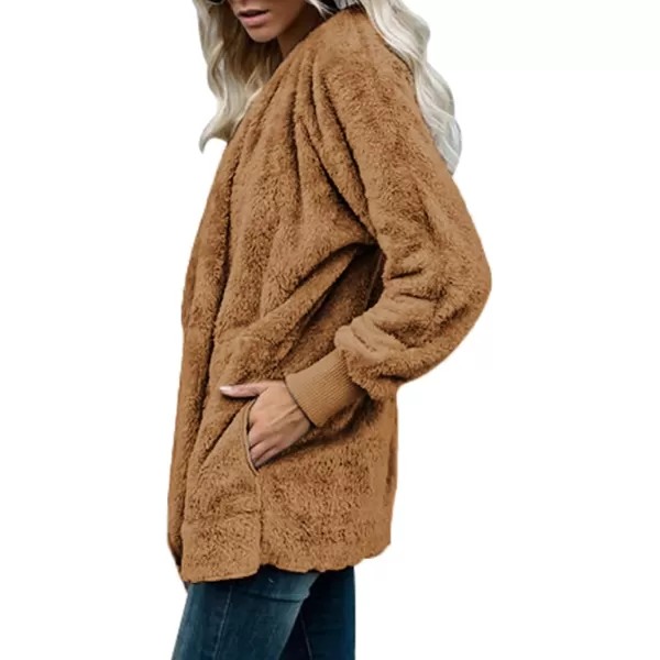 Dokotoo Womens 2023 Winter Long Sleeve Solid Fuzzy Fleece Open Front Hooded Cardigans Jacket Coats Outerwear with Pocket