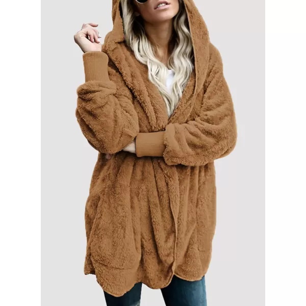 Dokotoo Womens 2023 Winter Long Sleeve Solid Fuzzy Fleece Open Front Hooded Cardigans Jacket Coats Outerwear with Pocket