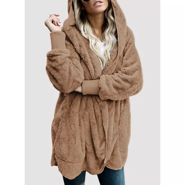 Dokotoo Womens 2023 Winter Long Sleeve Solid Fuzzy Fleece Open Front Hooded Cardigans Jacket Coats Outerwear with Pocket