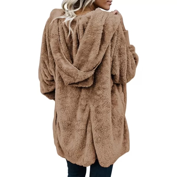 Dokotoo Womens 2023 Winter Long Sleeve Solid Fuzzy Fleece Open Front Hooded Cardigans Jacket Coats Outerwear with Pocket