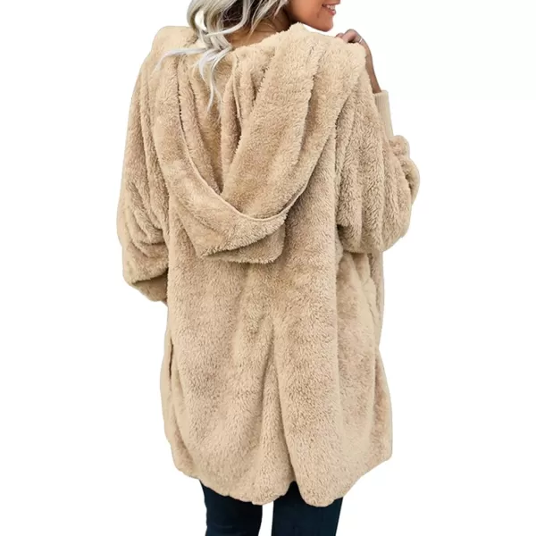 Dokotoo Womens 2023 Winter Long Sleeve Solid Fuzzy Fleece Open Front Hooded Cardigans Jacket Coats Outerwear with Pocket