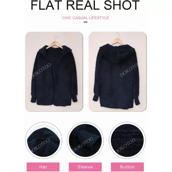 Dokotoo Womens 2023 Winter Long Sleeve Solid Fuzzy Fleece Open Front Hooded Cardigans Jacket Coats Outerwear with Pocket