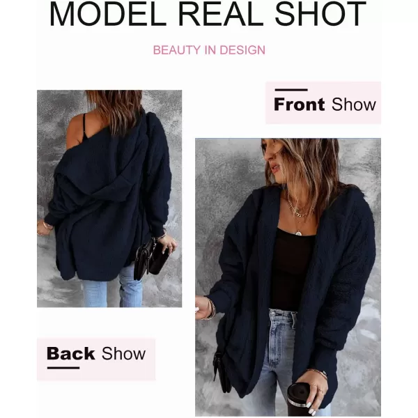 Dokotoo Womens 2023 Winter Long Sleeve Solid Fuzzy Fleece Open Front Hooded Cardigans Jacket Coats Outerwear with Pocket