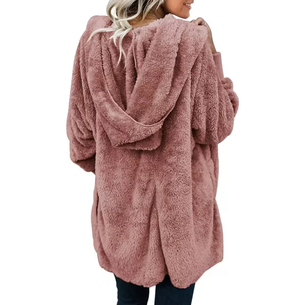 Dokotoo Womens 2023 Winter Long Sleeve Solid Fuzzy Fleece Open Front Hooded Cardigans Jacket Coats Outerwear with Pocket