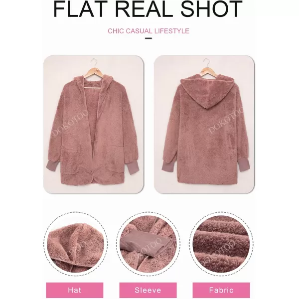Dokotoo Womens 2023 Winter Long Sleeve Solid Fuzzy Fleece Open Front Hooded Cardigans Jacket Coats Outerwear with Pocket