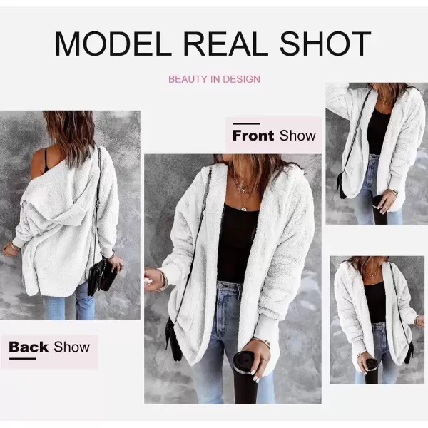 Dokotoo Womens 2023 Winter Long Sleeve Solid Fuzzy Fleece Open Front Hooded Cardigans Jacket Coats Outerwear with Pocket