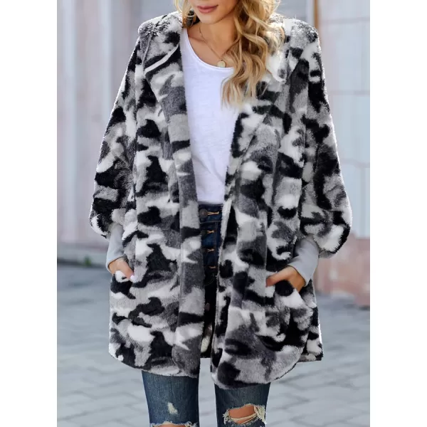Dokotoo Womens 2023 Winter Long Sleeve Solid Fuzzy Fleece Open Front Hooded Cardigans Jacket Coats Outerwear with Pocket