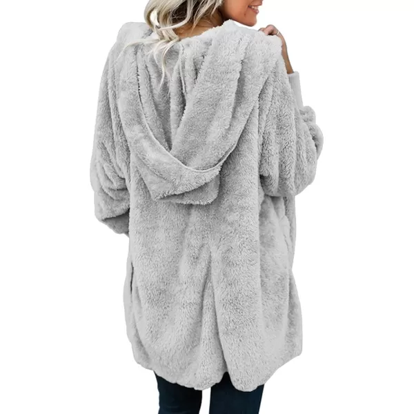 Dokotoo Womens 2023 Winter Long Sleeve Solid Fuzzy Fleece Open Front Hooded Cardigans Jacket Coats Outerwear with Pocket