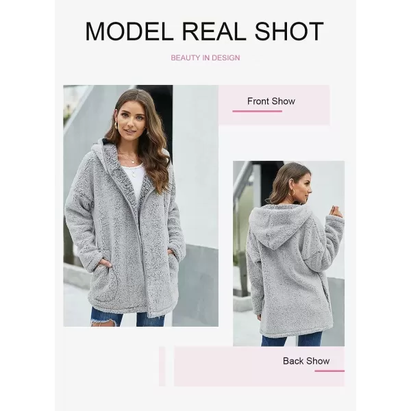 Dokotoo Womens 2023 Winter Long Sleeve Solid Fuzzy Fleece Open Front Hooded Cardigans Jacket Coats Outerwear with Pocket