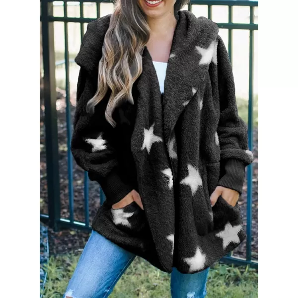 Dokotoo Womens 2023 Winter Long Sleeve Solid Fuzzy Fleece Open Front Hooded Cardigans Jacket Coats Outerwear with Pocket