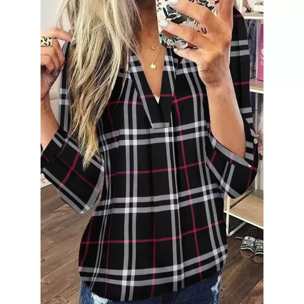 Dokotoo Womens Basic Casual V Neck Plaid Print Cotton Cuffed Long Sleeve Work Tops Blouses Shirts S-5XL
