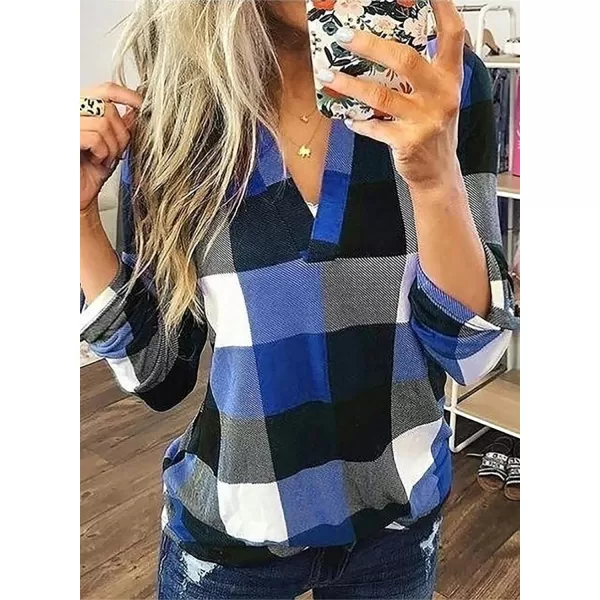 Dokotoo Womens Basic Casual V Neck Plaid Print Cotton Cuffed Long Sleeve Work Tops Blouses Shirts S-5XL