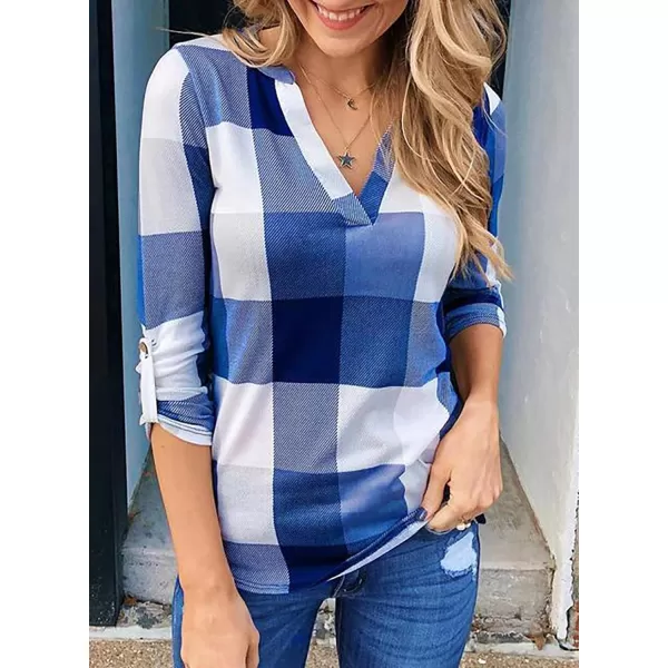 Dokotoo Womens Basic Casual V Neck Plaid Print Cotton Cuffed Long Sleeve Work Tops Blouses Shirts S-5XL