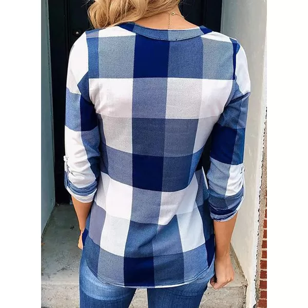 Dokotoo Womens Basic Casual V Neck Plaid Print Cotton Cuffed Long Sleeve Work Tops Blouses Shirts S-5XL